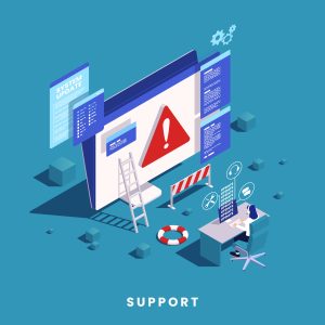 Technical support isometric concept with 3d system update computer symbols and female character at work on color background vector illustration